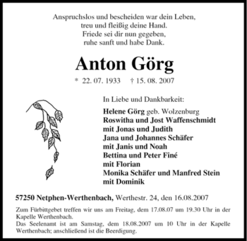 Traueranzeige von Anton Görg von Tageszeitung