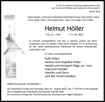 Traueranzeige von Helmut Höller von Tageszeitung
