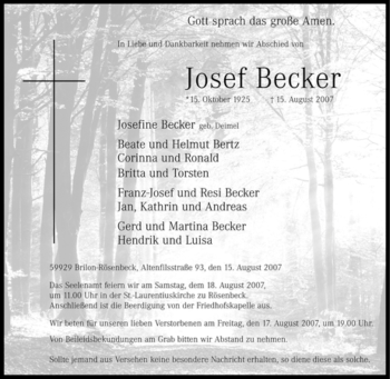 Traueranzeige von Josef Becker von Tageszeitung