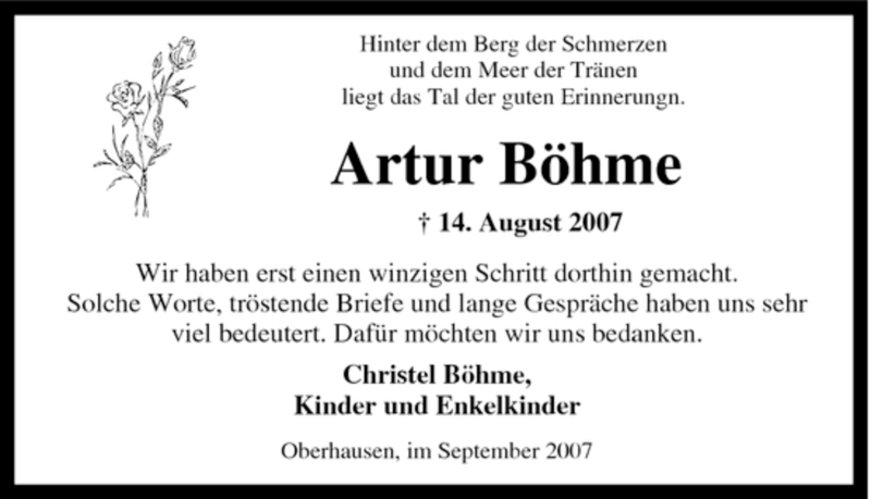  Traueranzeige für Artur Böhme vom 16.08.2007 aus Tageszeitung