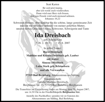 Traueranzeige von Ida Dreisbach von Tageszeitung