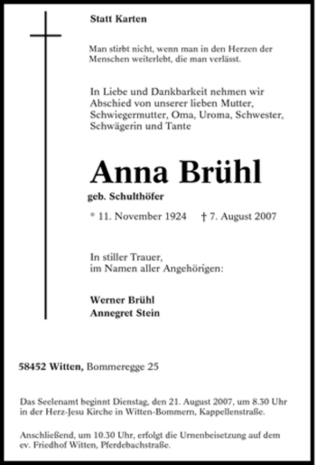 Traueranzeige von Anna Brühl von Tageszeitung