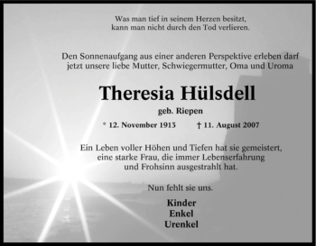 Traueranzeige von Theresia Hülsdell von Tageszeitung