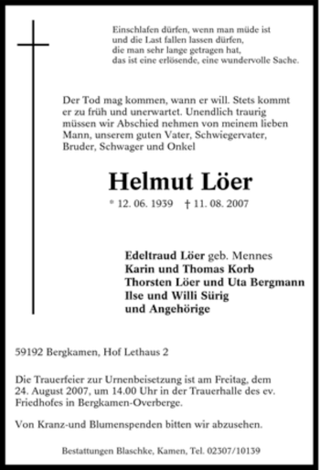 Traueranzeige von Helmut Löer von Tageszeitung