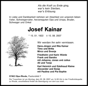 Traueranzeige von Josef Kainar von Tageszeitung