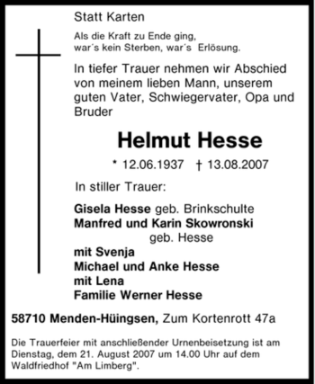 Traueranzeige von Helmut Hesse von Tageszeitung