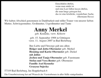 Traueranzeige von Anny Merkel von Tageszeitung