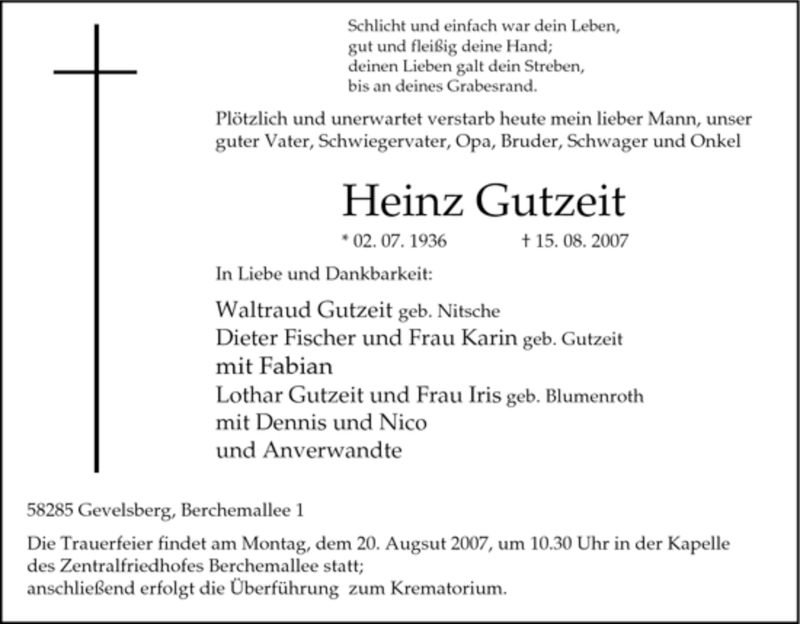  Traueranzeige für Heinz Gutzeit vom 17.08.2007 aus Tageszeitung