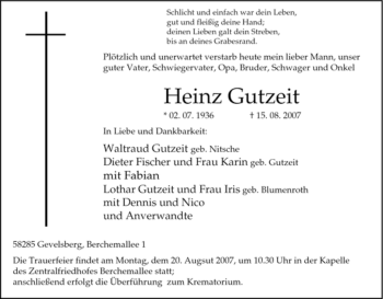 Traueranzeige von Heinz Gutzeit von Tageszeitung