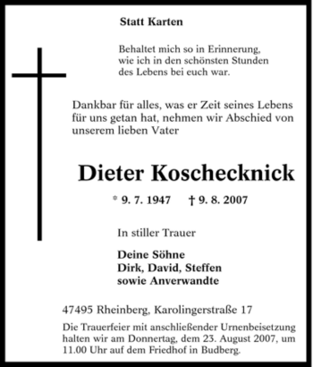 Traueranzeige von Dieter Koschecknick von Tageszeitung