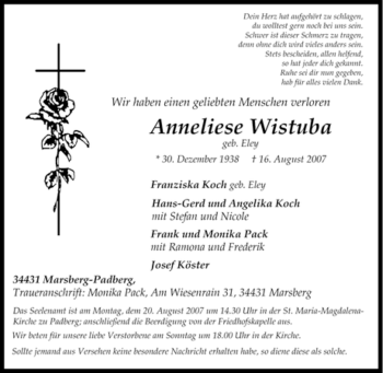 Traueranzeige von Anneliese Wistuba von Tageszeitung