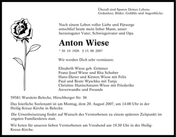 Traueranzeige von Anton Wiese von Tageszeitung
