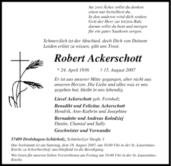 Traueranzeige von Robert Ackerschott von Tageszeitung