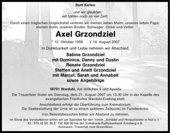 Traueranzeige von Axel Grzondziel von Tageszeitung