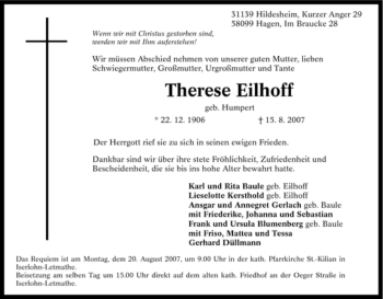 Traueranzeige von Therese Eilhoff von Tageszeitung