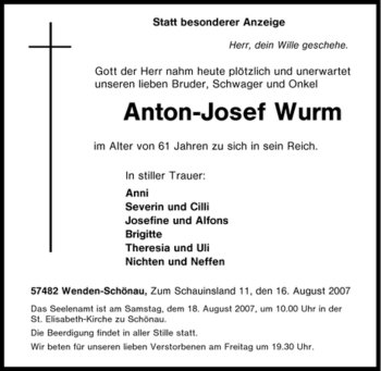 Traueranzeige von Anton-Josef Wurm von Tageszeitung