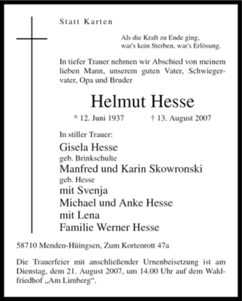 Traueranzeige von Helmut Hesse von Tageszeitung