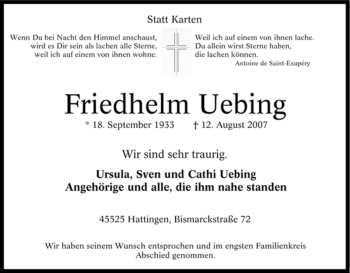 Traueranzeige von Friedhelm Uebing von Tageszeitung