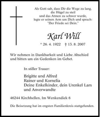 Traueranzeige von Karl Will von Tageszeitung