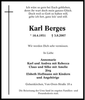 Traueranzeige von Karl Berges von Tageszeitung