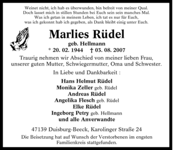 Traueranzeige von Marlies Rüdel von Tageszeitung