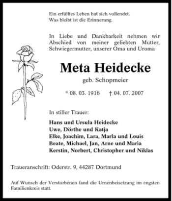 Traueranzeige von Meta Heidecke von Tageszeitung