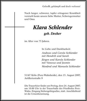 Traueranzeige von Klara Schlender von Tageszeitung
