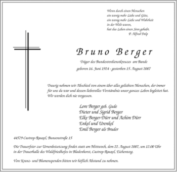 Traueranzeige von Bruno Berger von Tageszeitung