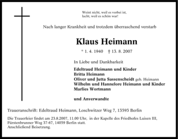 Traueranzeige von Klaus Heimann von Tageszeitung