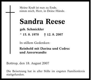 Traueranzeige von Sandra Reese von Tageszeitung