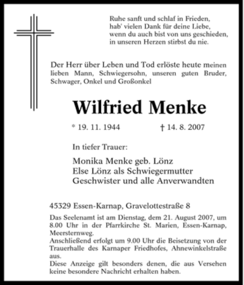 Traueranzeige von Wilfried Menke von Tageszeitung