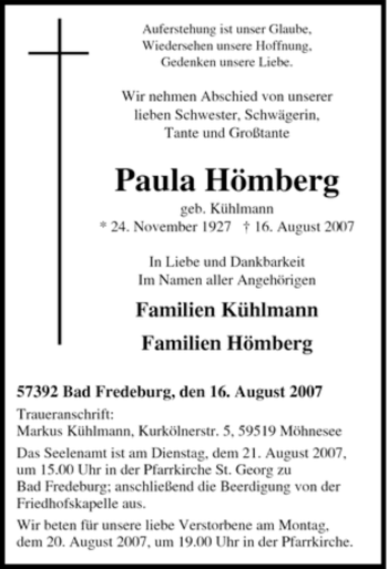 Traueranzeige von Paula Hömberg von Tageszeitung