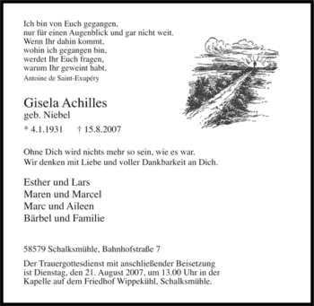 Traueranzeige von Gisela Achilles von Tageszeitung