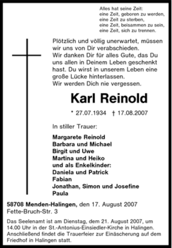 Traueranzeige von Karl Reinold von Tageszeitung