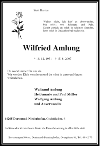Traueranzeige von Wilfried Amlung von Tageszeitung