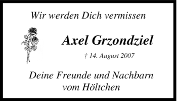 Traueranzeige von Axel Grzondziel von Tageszeitung