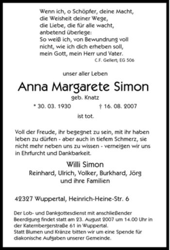 Traueranzeige von Anna Margarete Simon von Tageszeitung