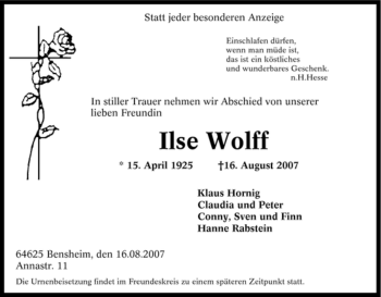 Traueranzeige von Ilse Wolff von Tageszeitung