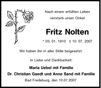 Traueranzeige von Fritz Nolten von Tageszeitung