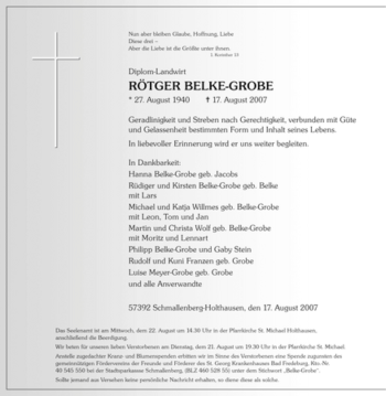 Traueranzeige von Rötger Belke-Grobe von Tageszeitung