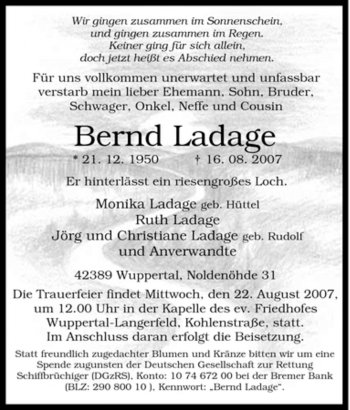 Traueranzeige von Bernd Ladage von Tageszeitung