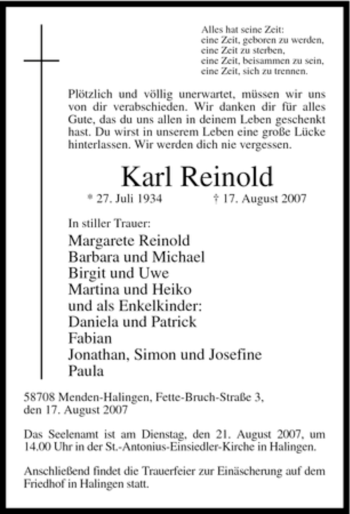 Traueranzeige von Karl Reinold von Tageszeitung