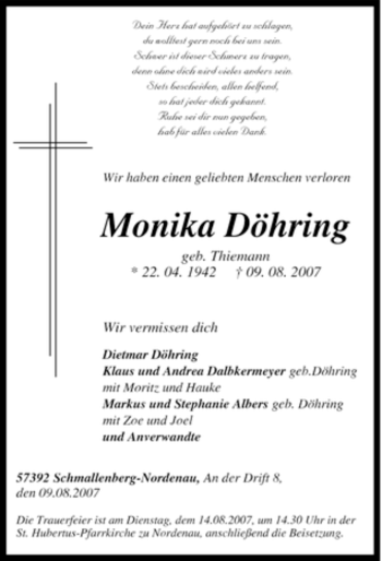 Traueranzeige von Monika Döhring von Tageszeitung
