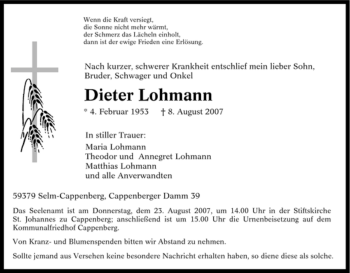 Traueranzeige von Dieter Lohmann von Tageszeitung