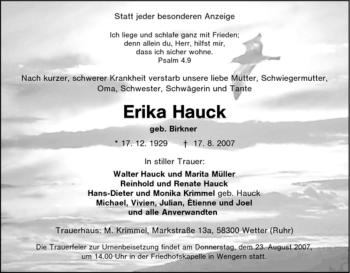 Traueranzeige von Erika Hauck von Tageszeitung