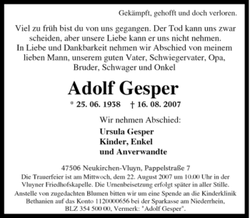 Traueranzeige von Adolf Gesper von Tageszeitung