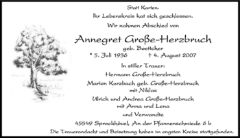 Traueranzeige von Annegret Große-Herzbruch von Tageszeitung
