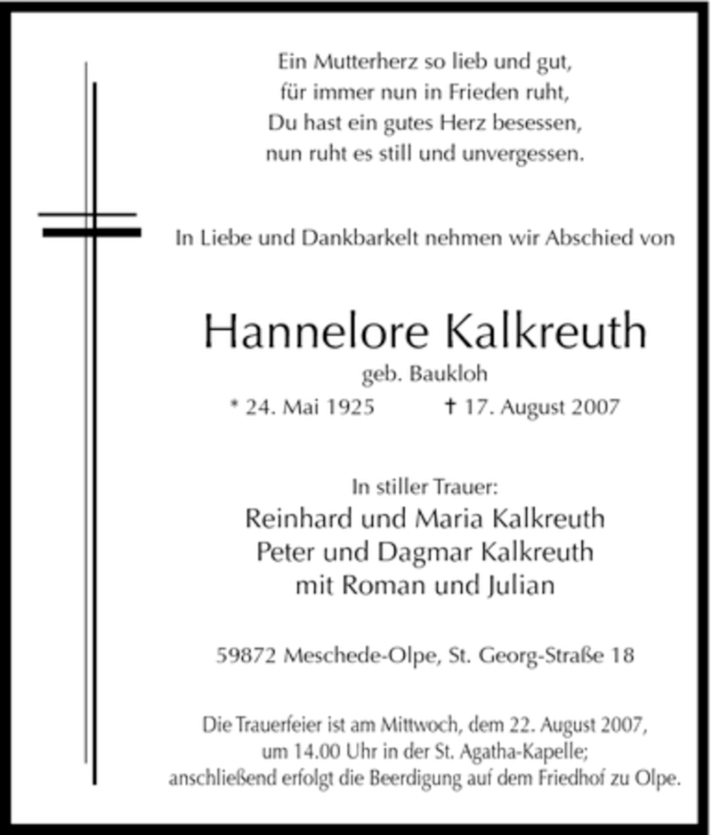  Traueranzeige für Hannelore Kalkreuth vom 20.08.2007 aus Tageszeitung