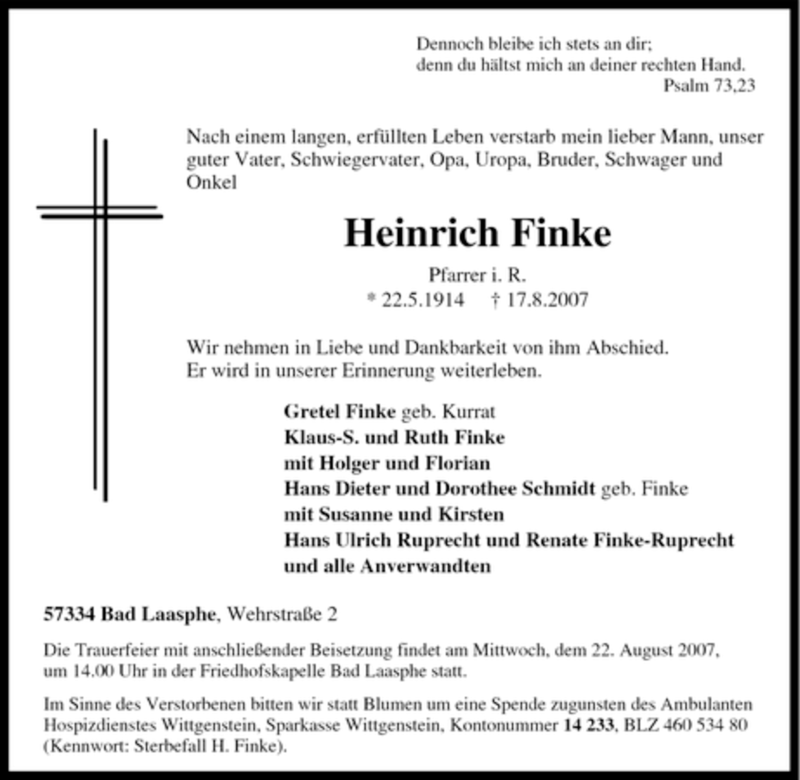  Traueranzeige für Heinrich Finke vom 20.08.2007 aus Tageszeitung