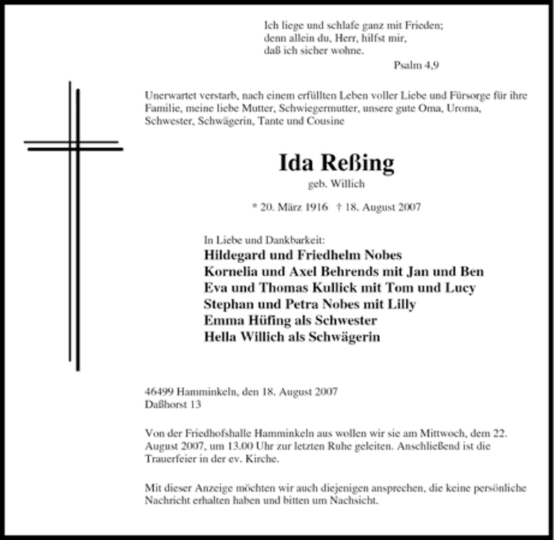  Traueranzeige für Ida Reßing vom 20.08.2007 aus Tageszeitung